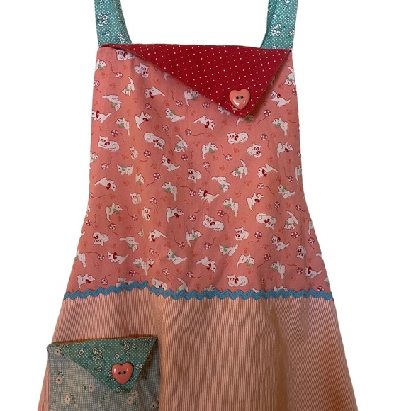 Handmade Peach/Blue Cotton Kitten Print Ruffle Apron Cottage OS - Picture 5 of 16